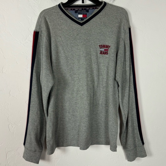 VTG 90s Tommy Hilfiger Jeans Sweater Pullover Sweatshirt Knit Top Ribbed V Neck - Picture 1 of 11
